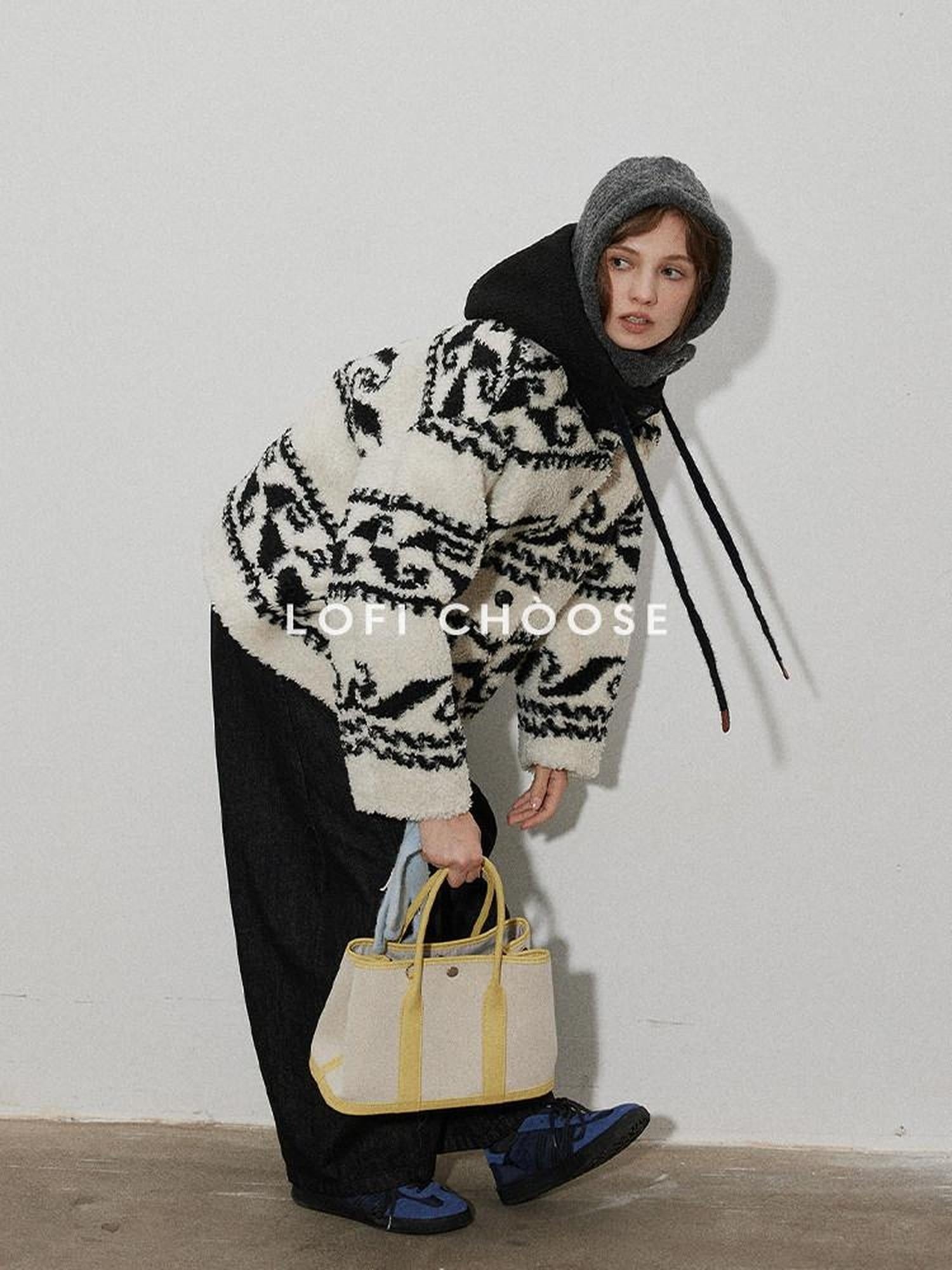 Lofi choose Thick Hooded Pocket Loose Fit Commuter Knit Button Front Women Beige Cardigans