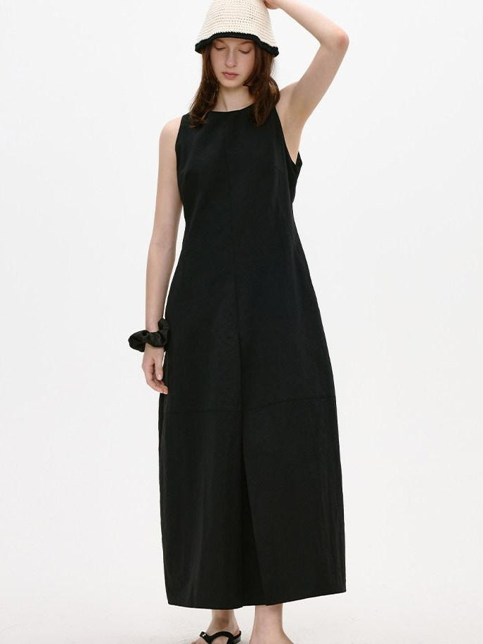 fano Breathable Cotton Blend Sleeveless A Line Korean Workwear Black Maxi Dresses