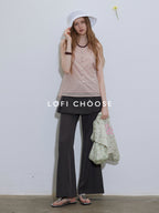 Lofi choose Button Front Loose Workwear Sleeveless Charcoal Off Shoulder Crop Tops