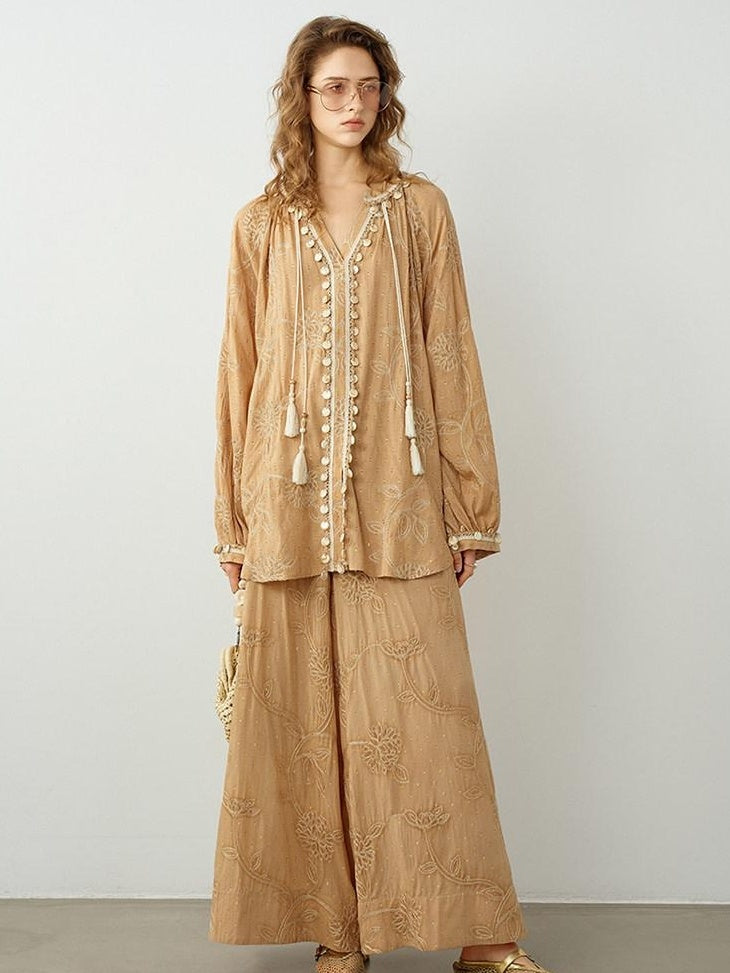 audreyyang Breathable Pure Cotton Floral Natural Waist Relaxed Women Khaki Wide Leg Pants