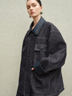 audreyyang Original Design Loose Patchwork Topstitch Cotton Blend Women Denim Jackets
