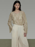 unspoken Breathable Lyocell Embroidered Vintage Loose Round Neck Women Almond Blouses