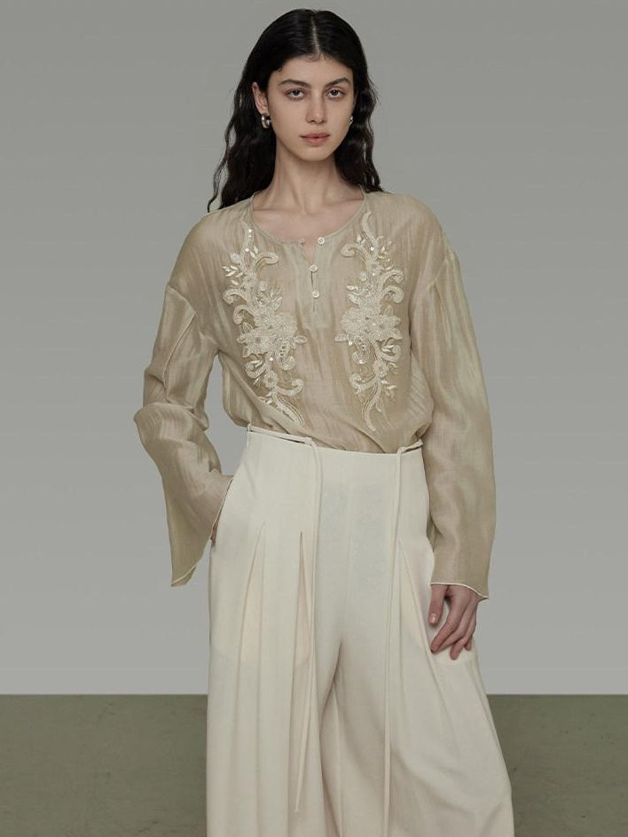 unspoken Breathable Lyocell Embroidered Vintage Loose Round Neck Women Almond Blouses