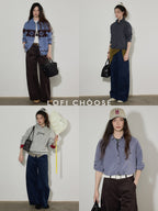 Lofi choose High Waist Stretch Wide Leg Zip Office Casual Women Brown Navy Straight Pants