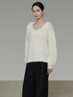 unspoken Cozy Minimal Commuter V-neck Crochet Knit Loose Women Pullover Sweaters