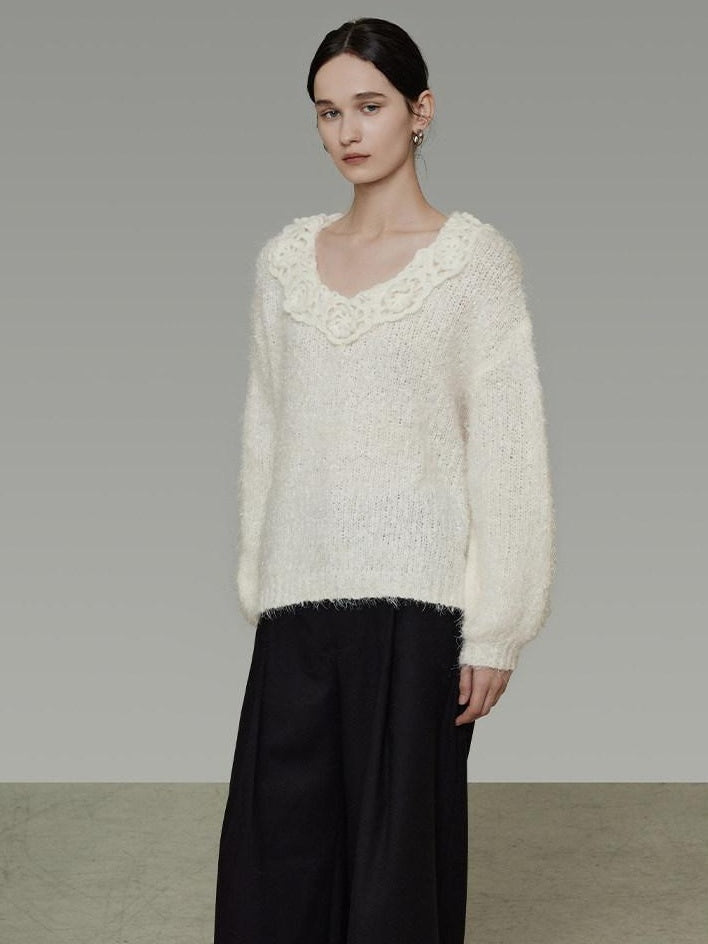 unspoken Cozy Minimal Commuter V-neck Crochet Knit Loose Women Pullover Sweaters