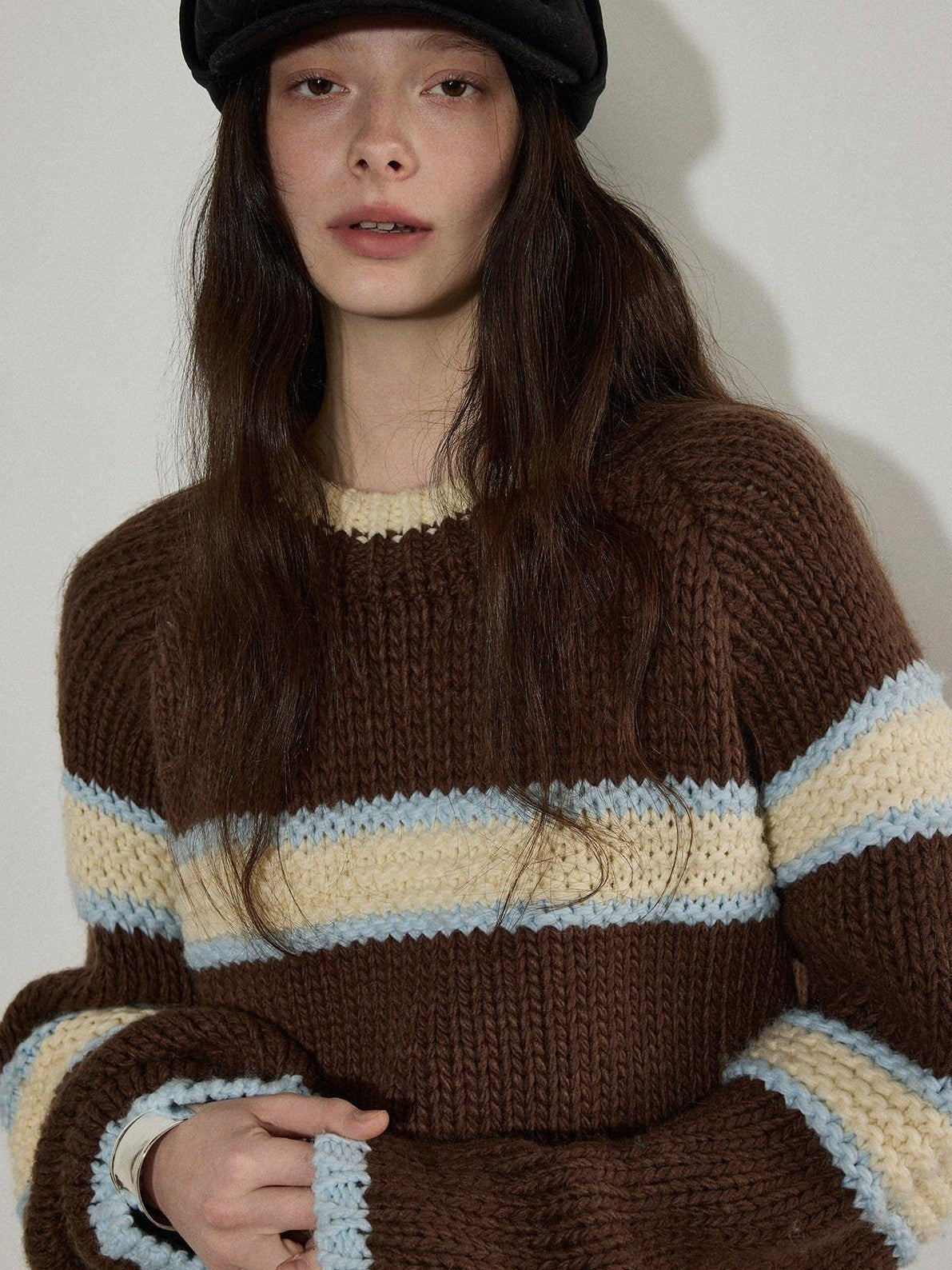 Lofi choose Cozy Acrylic Wool Colorblock Loose Fit Raglan Crewneck Striped Knit Sweaters