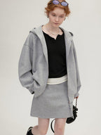 fano Hooded Zip Cotton Blend Loose Fit Minimalist Commuter Gray Top & Skirt Sets