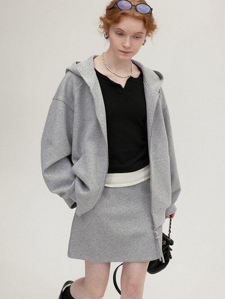 fano Hooded Zip Cotton Blend Loose Fit Minimalist Commuter Gray Top & Skirt Sets