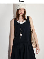 fano Black Cotton Blend A Line Sleeveless Round Neck Natural Waist Women Maxi Dresses