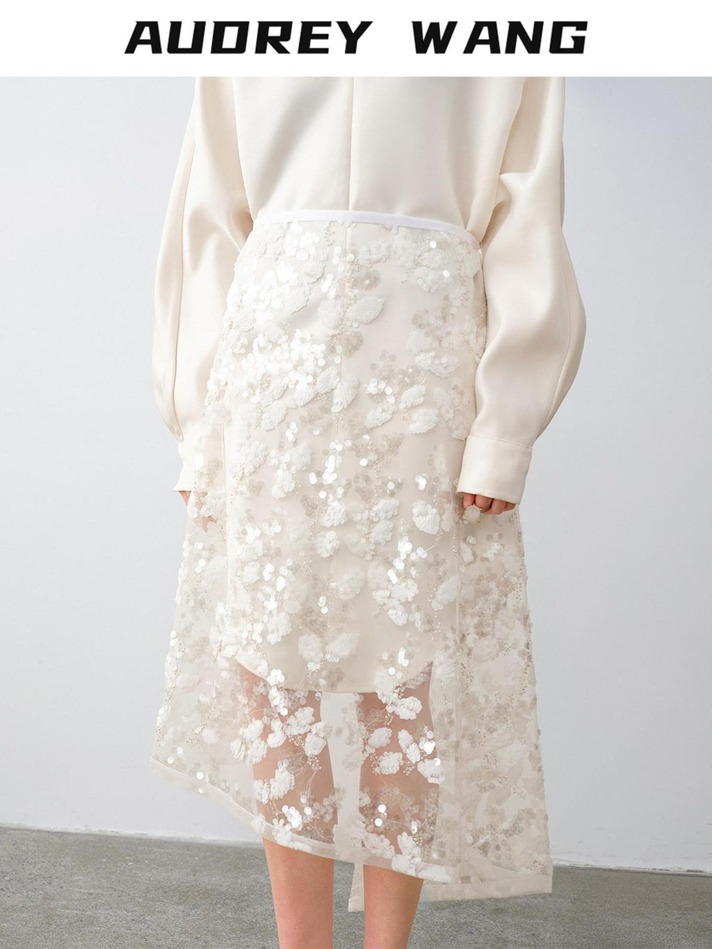 audreyyang Shimmering Sequin Lace Asymmetrical Mid Rise Tie Waist Women White Midi Skirts