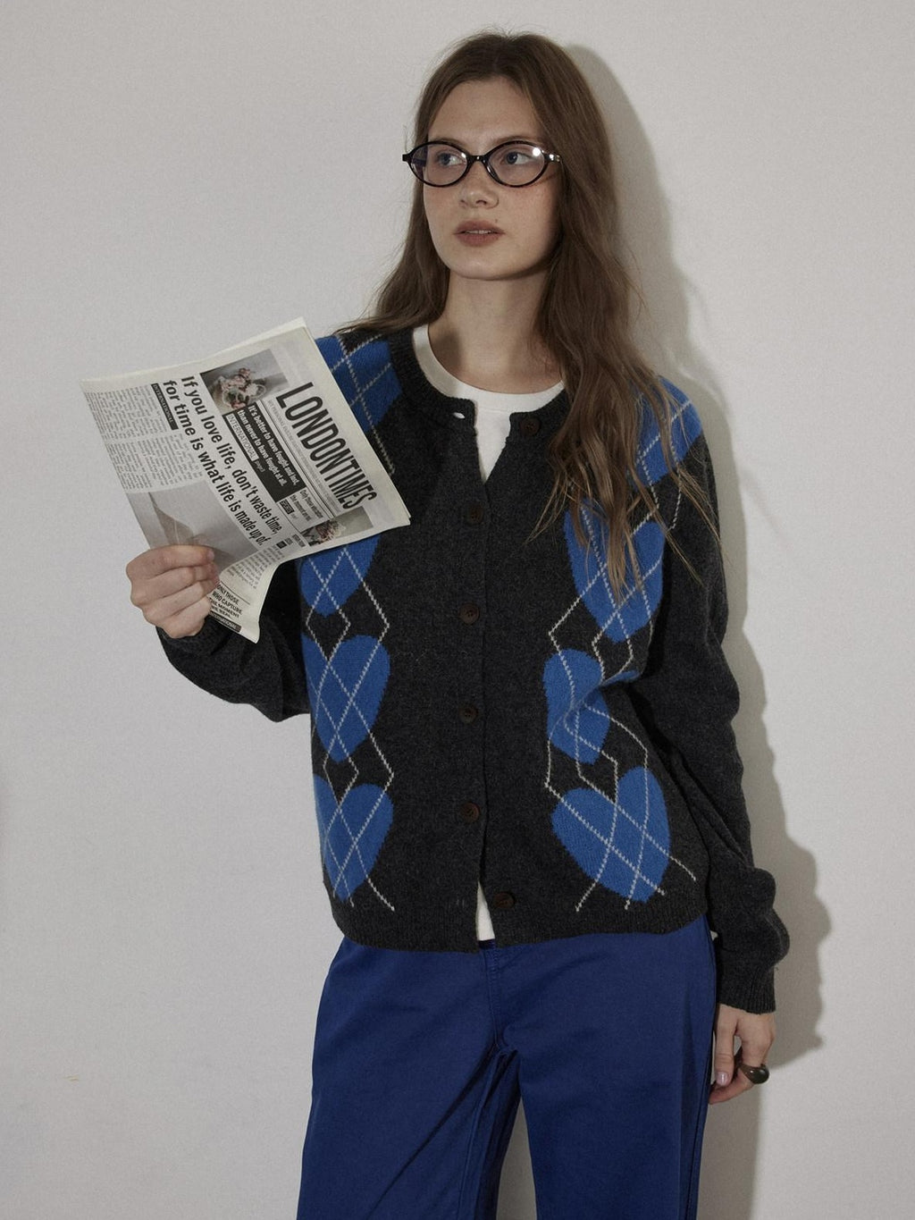 Lofi choose Soft Polyester Wool Knit Romantic Colorblock Heart Button Women Cardigans