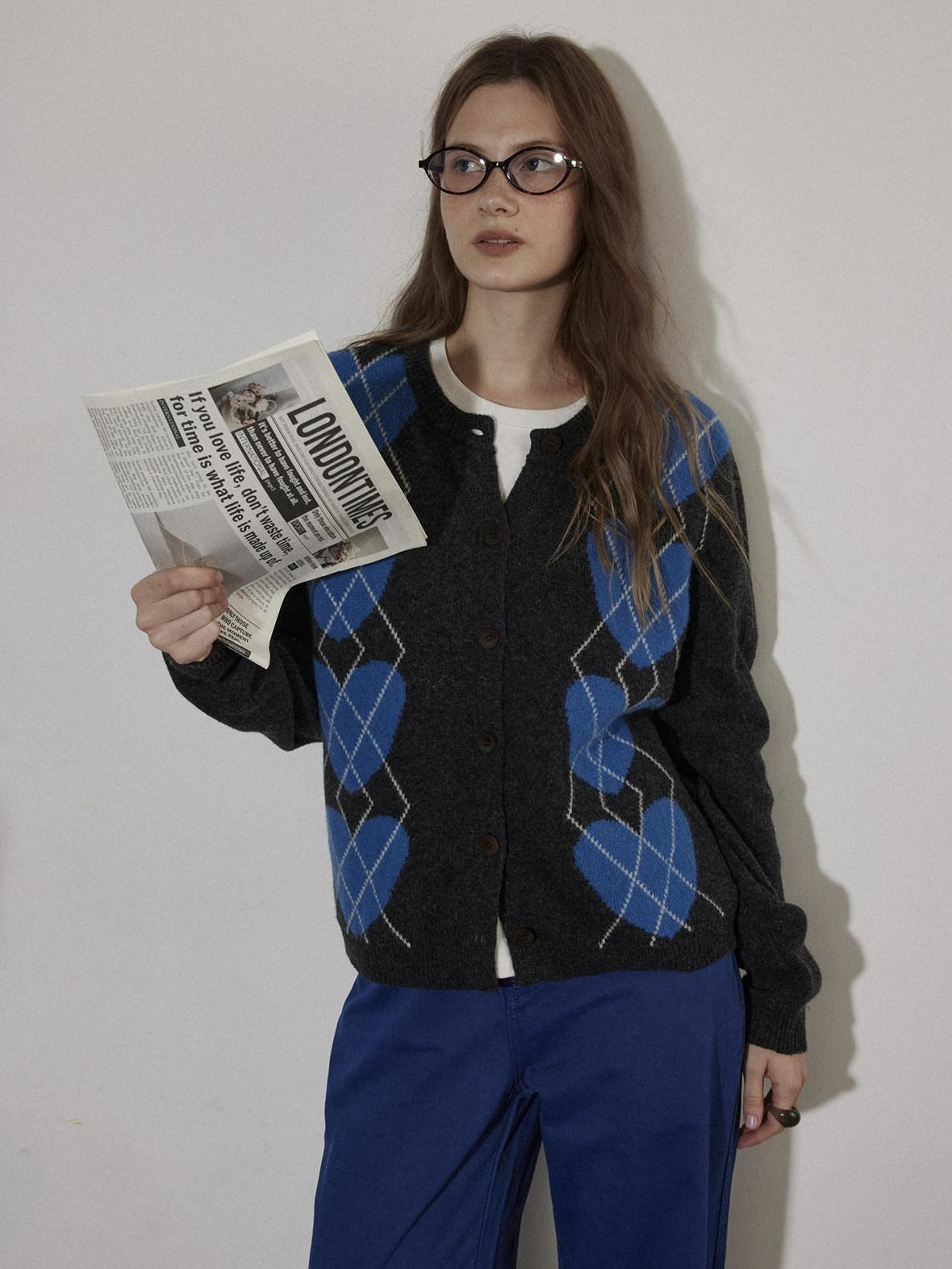 Lofi choose Soft Polyester Wool Knit Romantic Colorblock Heart Button Women Cardigans