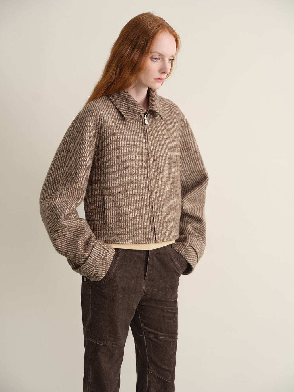 someone sometimes Wool Blend Retro Loose Zip Lapel Long Sleeve Women Multicolor Cropped Jackets