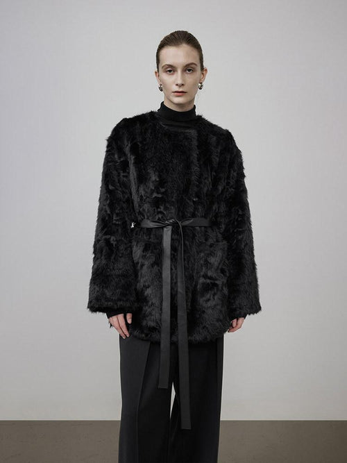 unspoken Faux Fur Lined Minimal Oversized Womens Black Round Neck Long Sleeve Short Coat