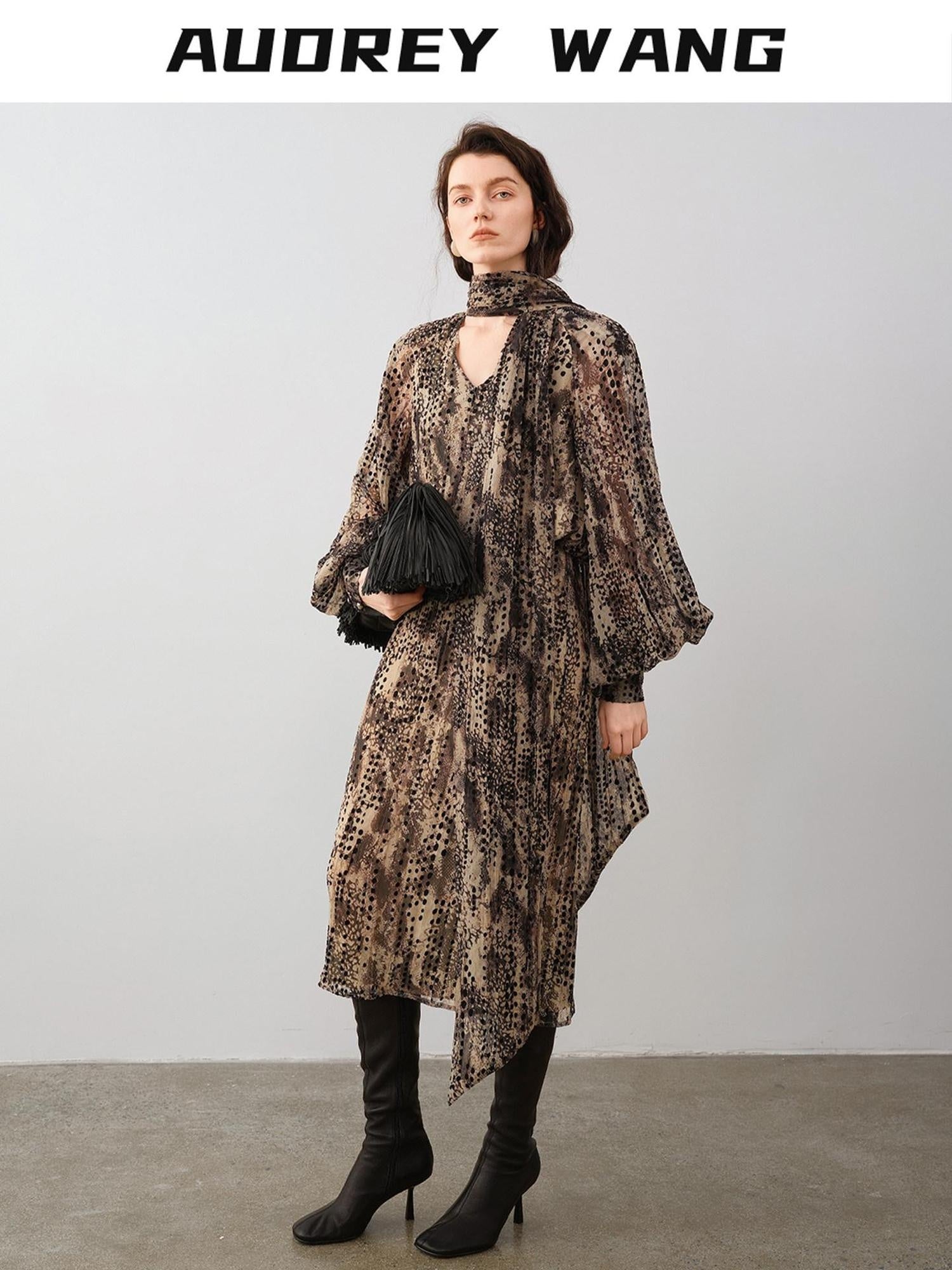 audreyyang Black Polka Dot Viscose Blend Puff Sleeve Cinched Waist Women Maxi Dresses