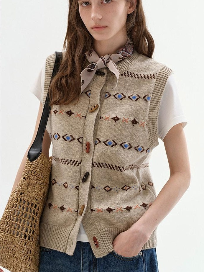 fano Breathable Knitted Wool Blend Geo Round Neck Button Loose Fit Commuter Vests