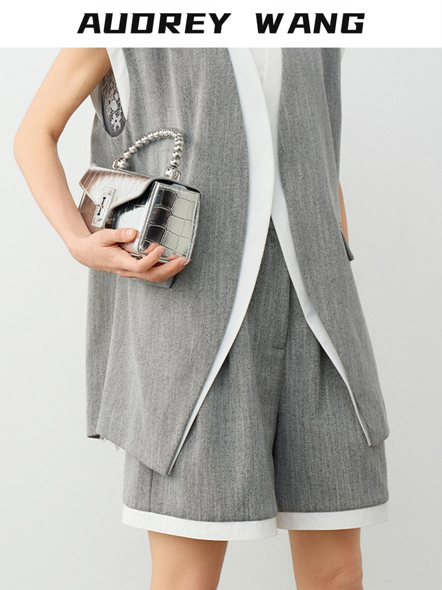 audreyyang Linen Blend Commuter Straight Natural Waist Heather Gray Mid-Length Shorts