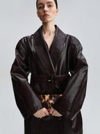 audreyyang Thick Vintage Croc Embossed Doublebreasted Midlength Women Pu Leather Jackets