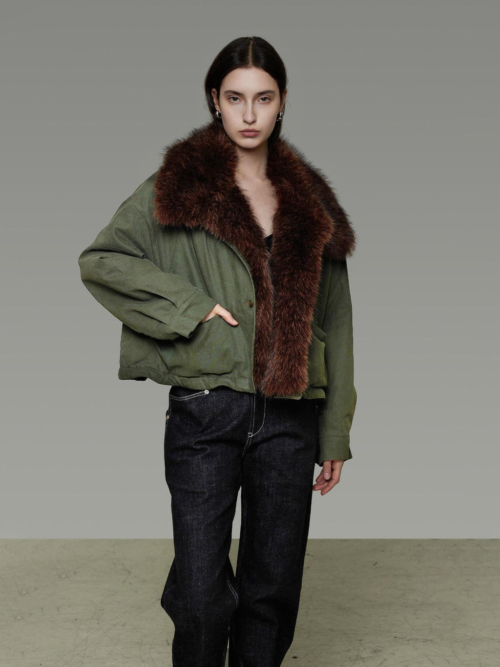unspoken Fur Collar Short Single Breasted Office Olive Green Long Sleeve Cropped Jackets