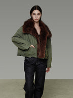 unspoken Fur Collar Short Single Breasted Office Olive Green Long Sleeve Cropped Jackets