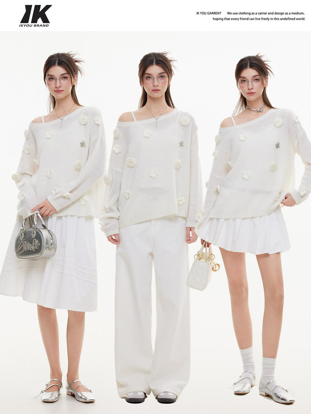 ikyou Warm Wool Blend Pullover Loose Crochet 3D Detail Office Boat Neck White Sweaters