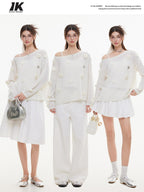 ikyou Warm Wool Blend Pullover Loose Crochet 3D Detail Office Boat Neck White Sweaters