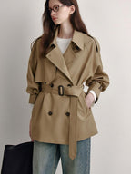 fano Buttoned Double Breasted Short Loose Fit Women Khaki Beige Trench Coats