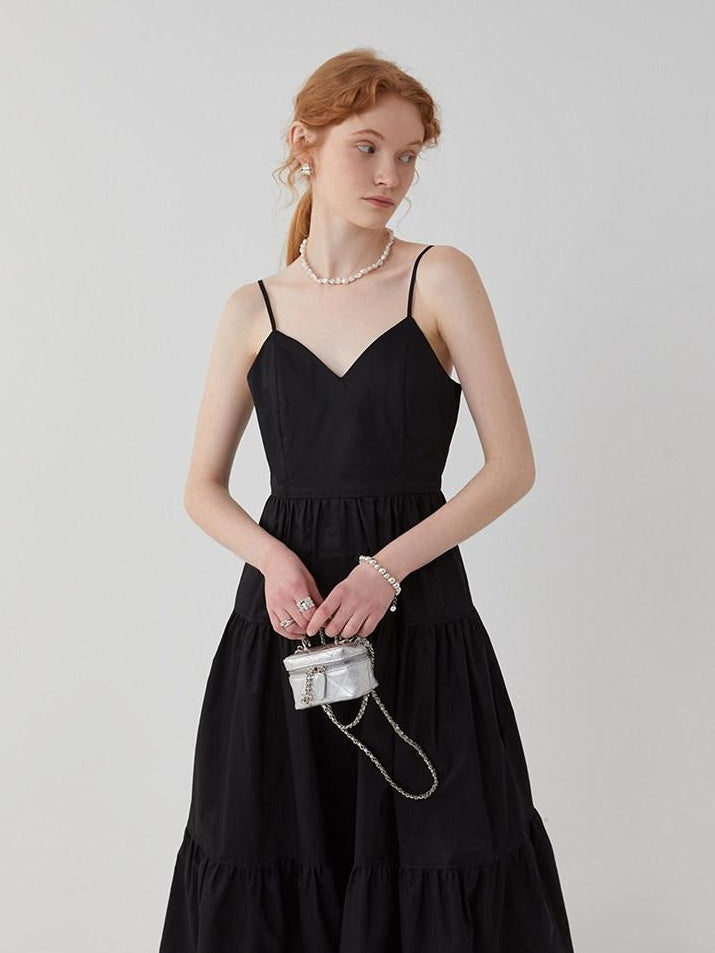 fano High Waist Pleated Minimalist V-neck Sleeveless A Line Cotton Casual Maxi Dresses