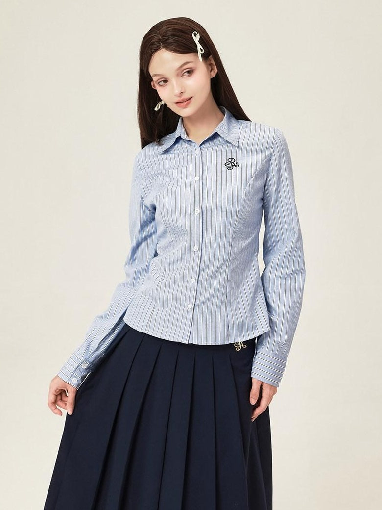 ikyou Embroidered Slim Commuter Square Neck Striped Long Sleeve Cotton Blend Shirts