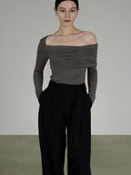 unspoken Slim Ruched Office Knit Long Sleeve Women Sage Green Off Shoulder Crop Tops