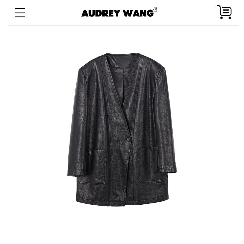 audreyyang_Pu_Leather_Mid_Length_V-neck_Oversized_Workwear_Office_Casual_Blazers_MISSTT