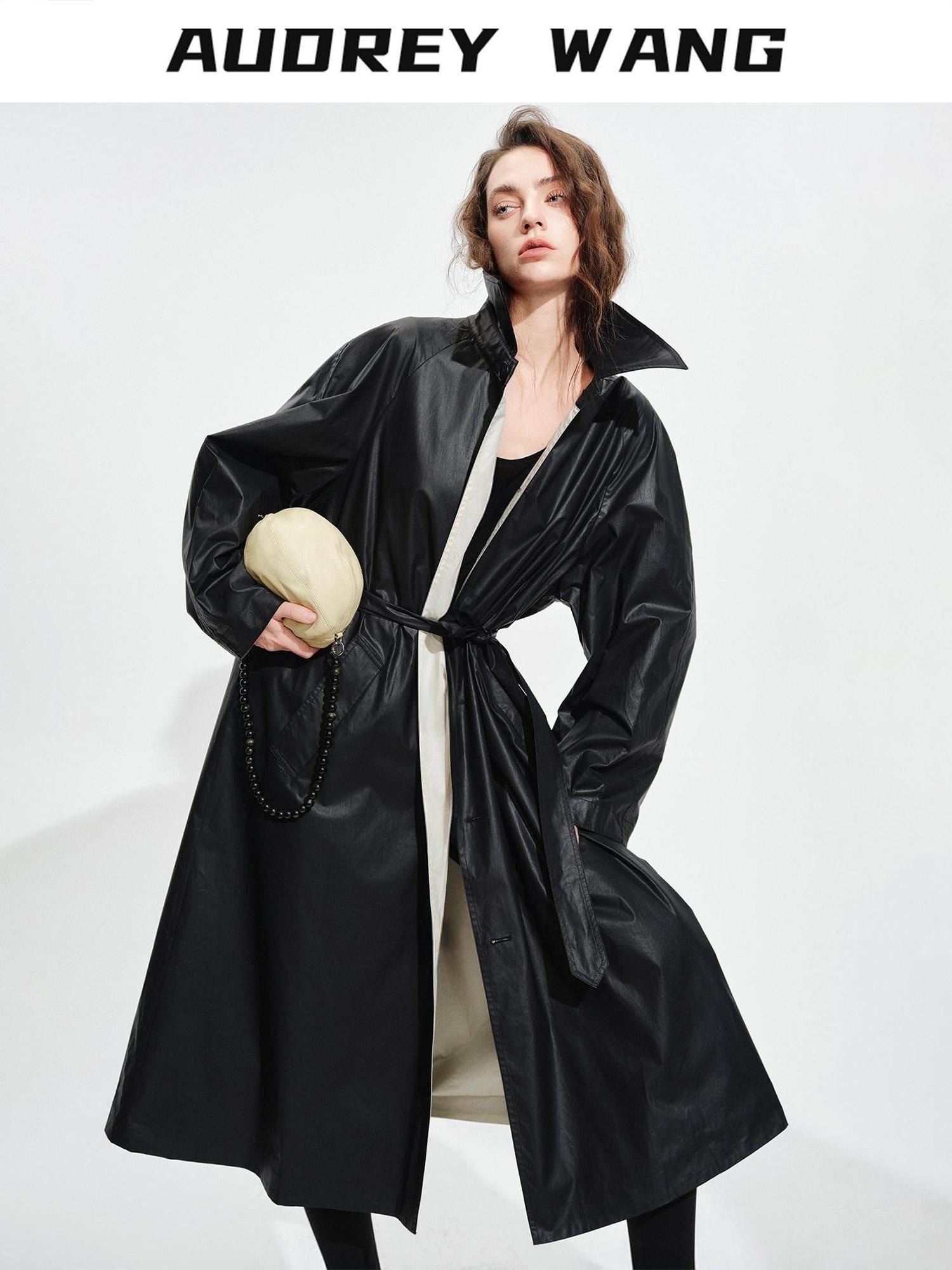 audreyyang Detachable Belt Pure Cotton Loose Long Single Breasted Women Black Trench Coats