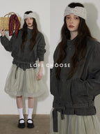 Lofi choose Breathable Drawstring Oversized Commuter Women Button Mud Gray Denim Jackets