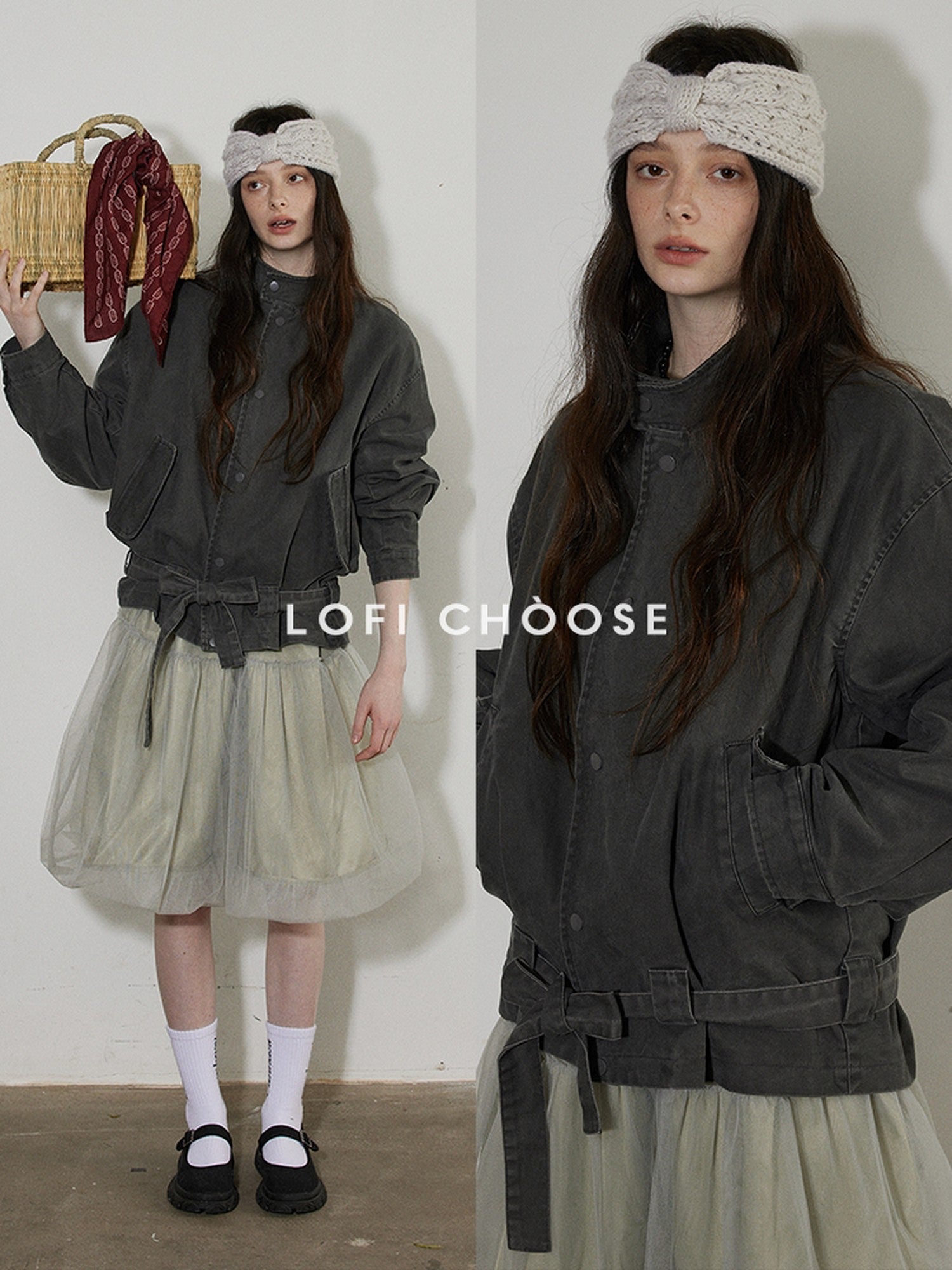 Lofi choose Breathable Drawstring Oversized Commuter Women Button Mud Gray Denim Jackets