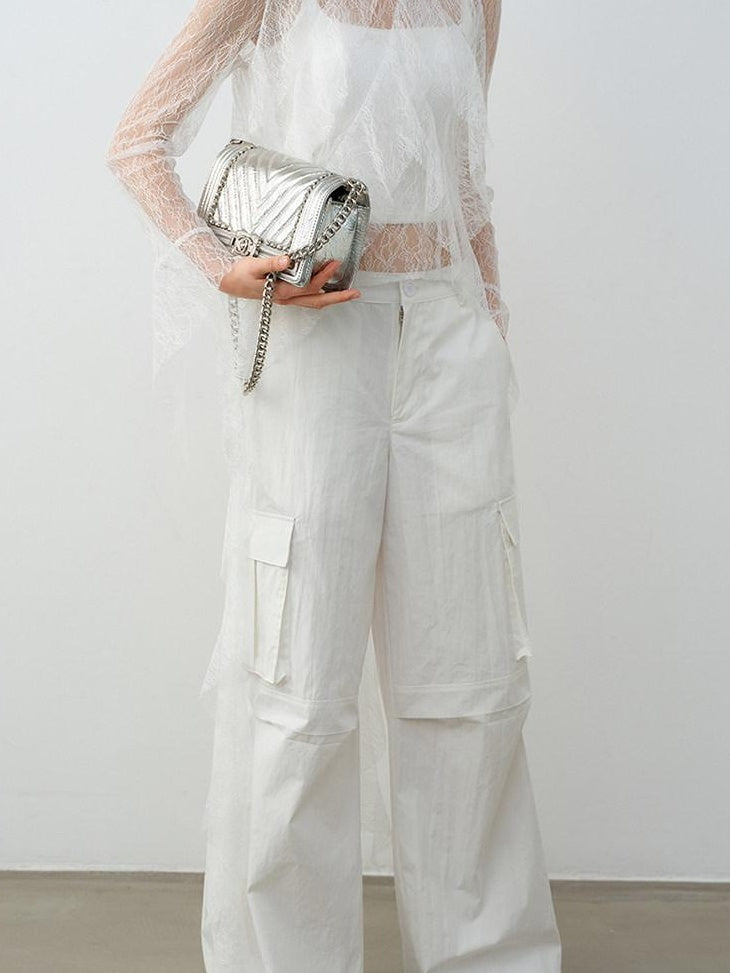 audreyyang Natural Waist Cotton Nylon Blend Loose Office Women White Straight Pants