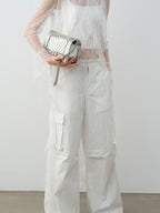 audreyyang Natural Waist Cotton Nylon Blend Loose Office Women White Straight Pants