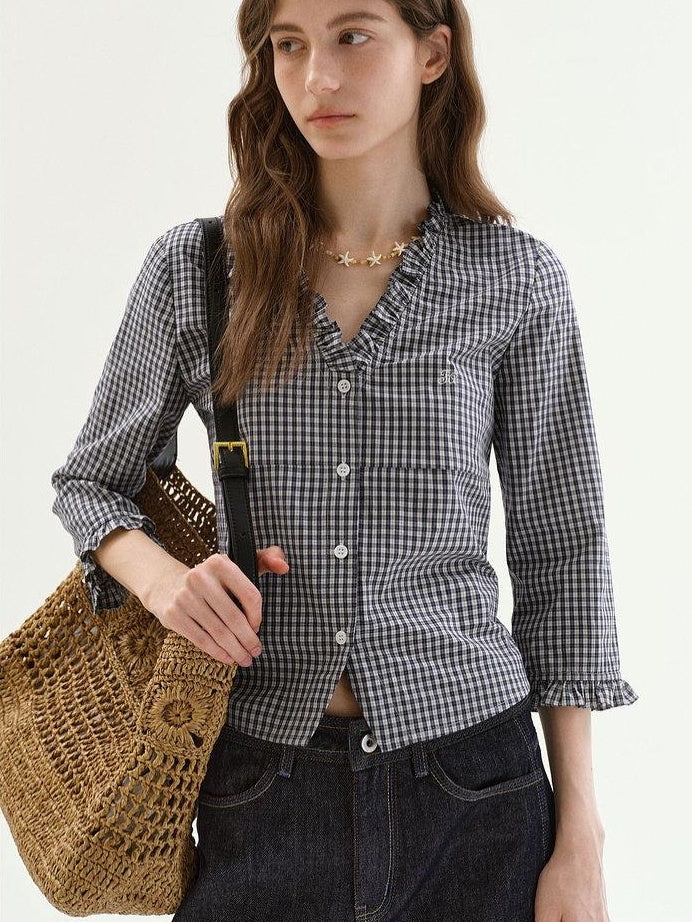 fano Warm Cotton V-neck Tie Slim Minimal 3 4 Sleeve Blue White Check Work Blouses