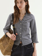 fano Warm Cotton V-neck Tie Slim Minimal 3 4 Sleeve Blue White Check Work Blouses