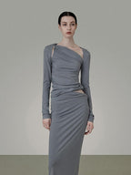 unspoken Slim Viscose Long Sleeve Minimal Commuter Women Workwear Top & Skirt Sets