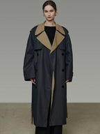 unspoken Navy Cotton Denim Double Breasted Loose Fit Commuter Women Trench Coats