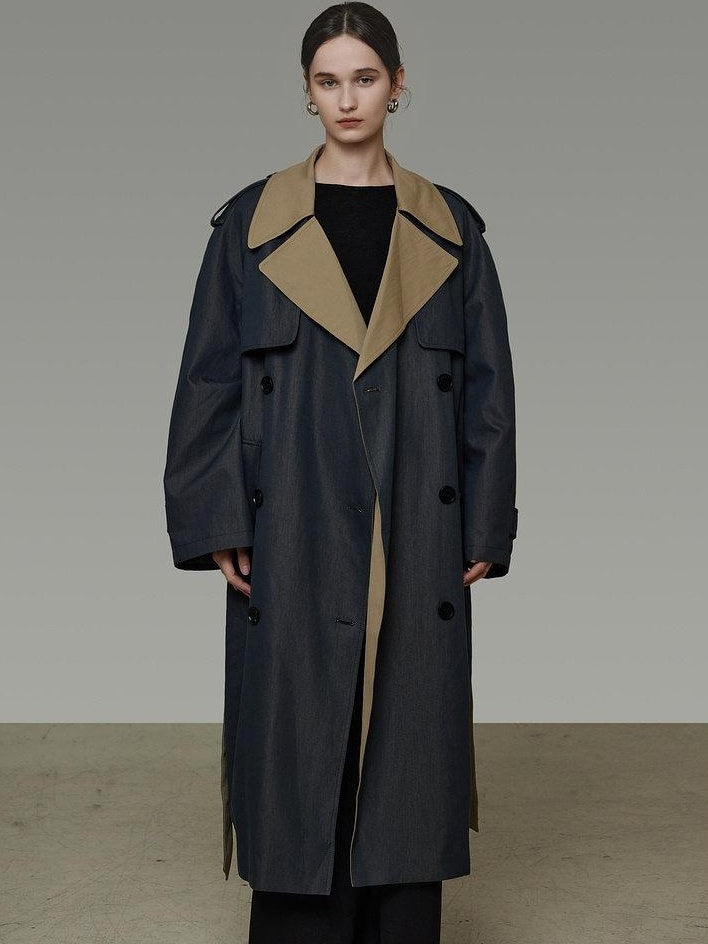 unspoken Navy Cotton Denim Double Breasted Loose Fit Commuter Women Trench Coats