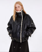 fano Warm Shearling High Collar Double Breasted Loose Fit Women Black Leather Jackets