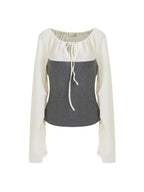unspoken Breathable Cotton Contrast V-neck Loose Longsleeve Tie Front Women Blouses