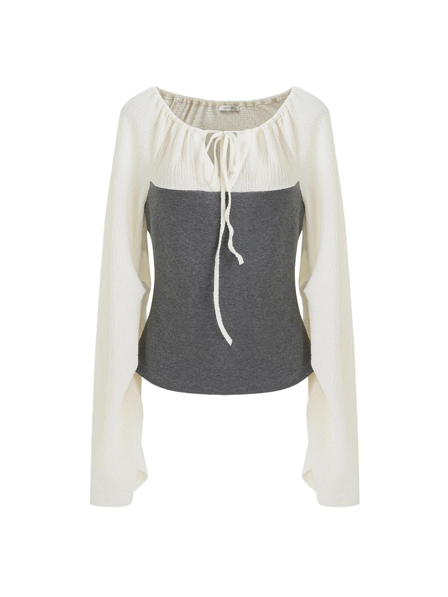 unspoken Breathable Cotton Contrast V-neck Loose Longsleeve Tie Front Women Blouses