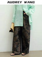 audreyyang Vintage Jacquard Botanical Floral Natural Waist Loose Fit Ladies Wide Leg Pants