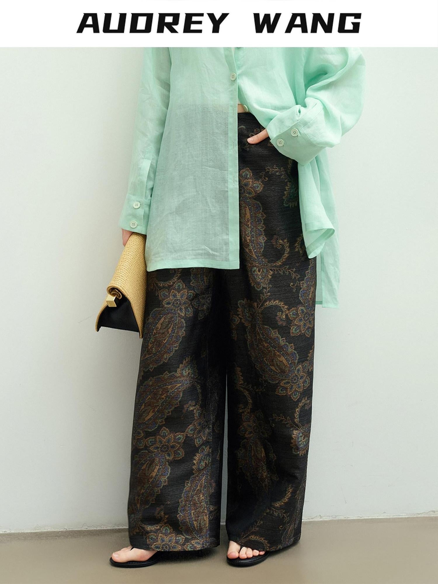 audreyyang Vintage Jacquard Botanical Floral Natural Waist Loose Fit Ladies Wide Leg Pants