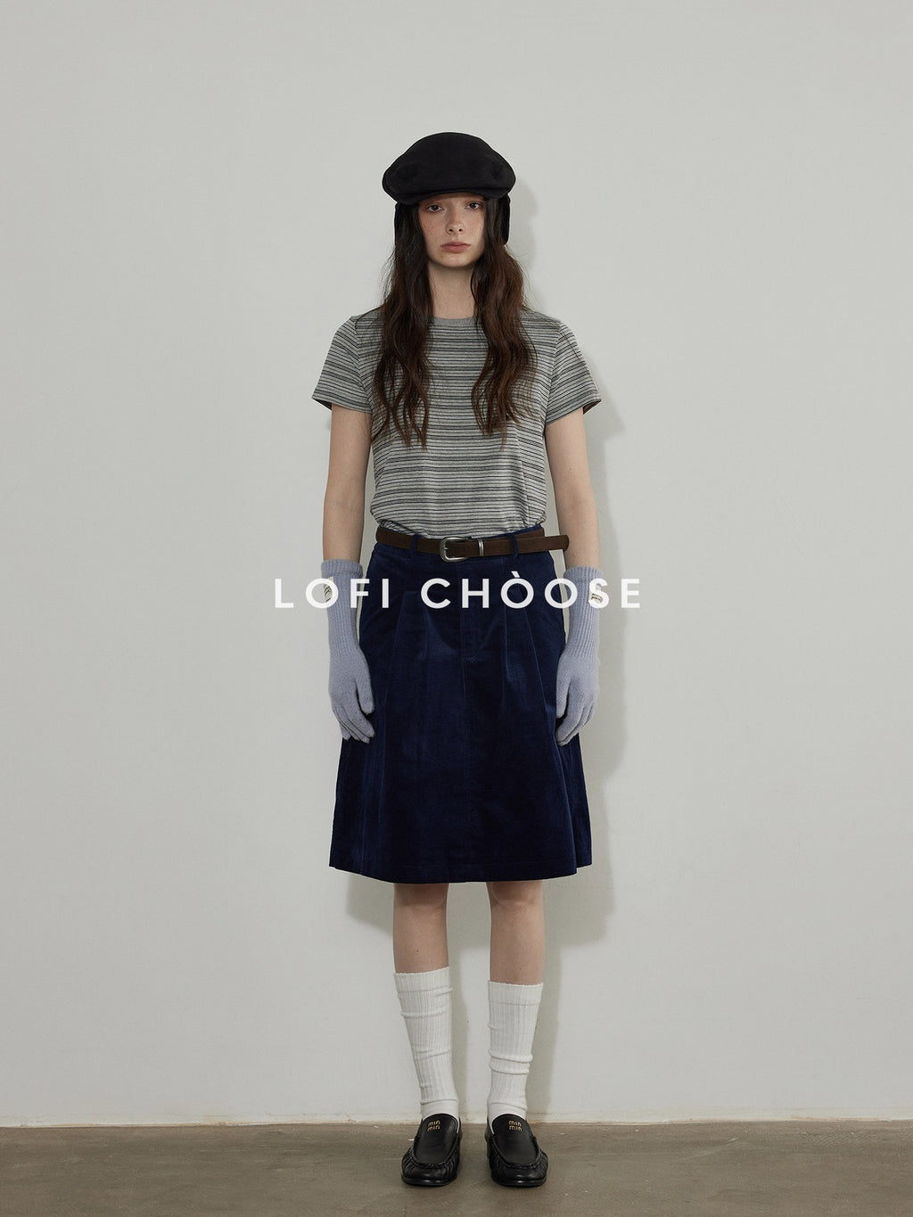 Lofi choose Cotton Pleated Vintage Aline Elastic Waist Loose Workwear Midi Skirts