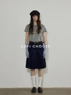 Lofi choose Cotton Pleated Vintage Aline Elastic Waist Loose Workwear Midi Skirts