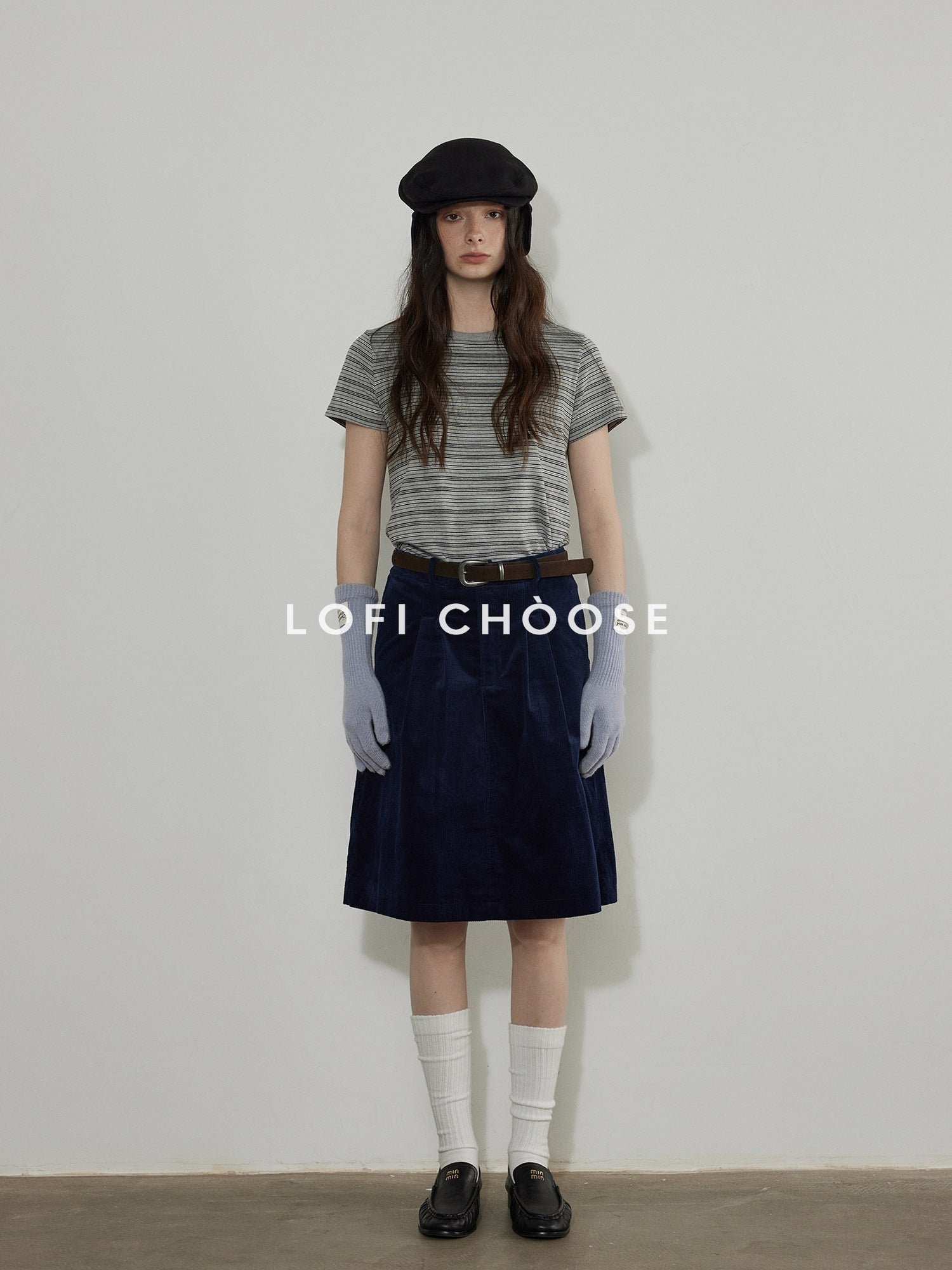 Lofi choose Cotton Pleated Vintage Aline Elastic Waist Loose Workwear Midi Skirts